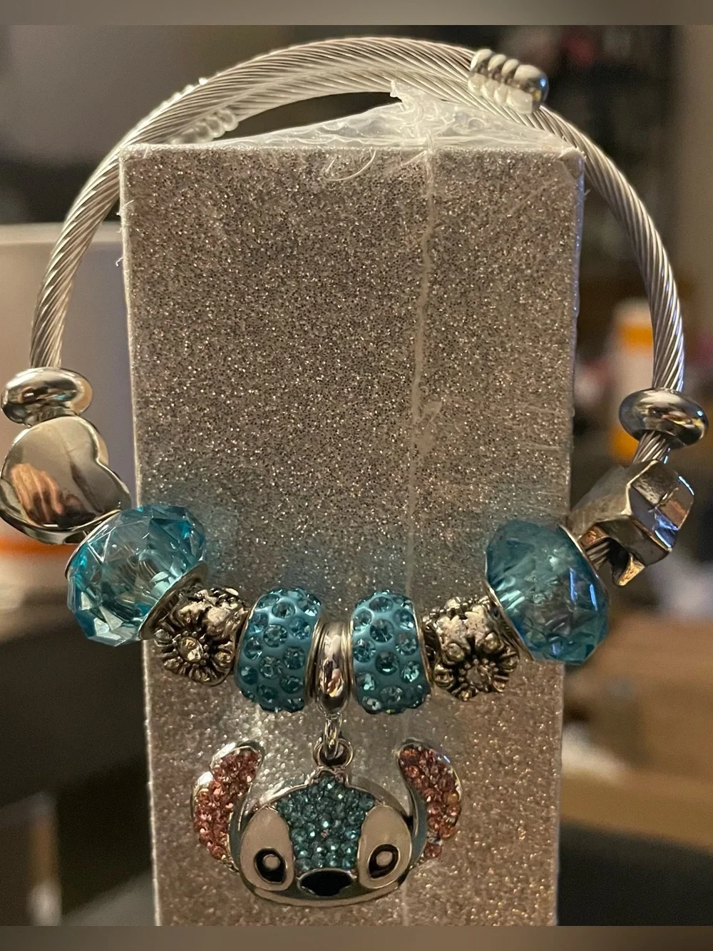 Stitch Silver Tone Blue Crystal Charm Bracelet with Stitch Pendant